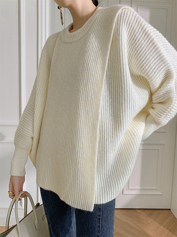 Irregularity Loose Solid Color Batwing Sleeves Round-Neck Sweater Tops