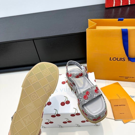 LV Maya Platform Sandals Cherry Motif 6cm Grey Cowhide Denim 572496