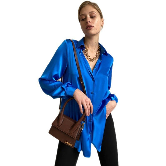 Lapel-Collar Glossy Satin Shirt