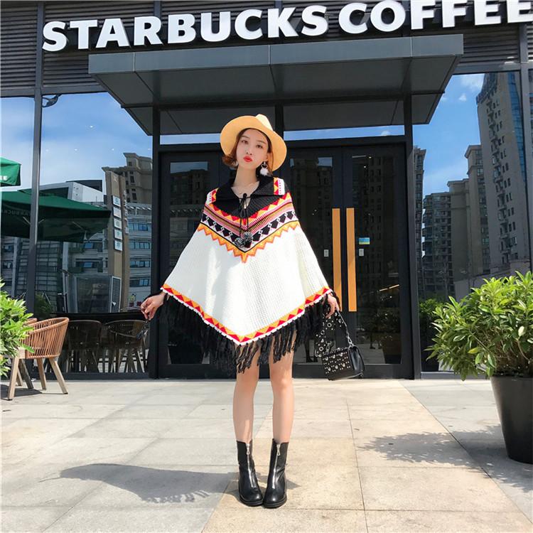 Folk Style Tassel Knit Shawl Cloak Sweater