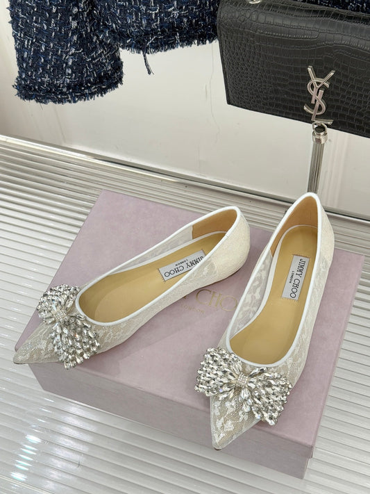 JC25WF Rhinestone Bow Pionted Toe Ballet Flat White Sheepskin 573534