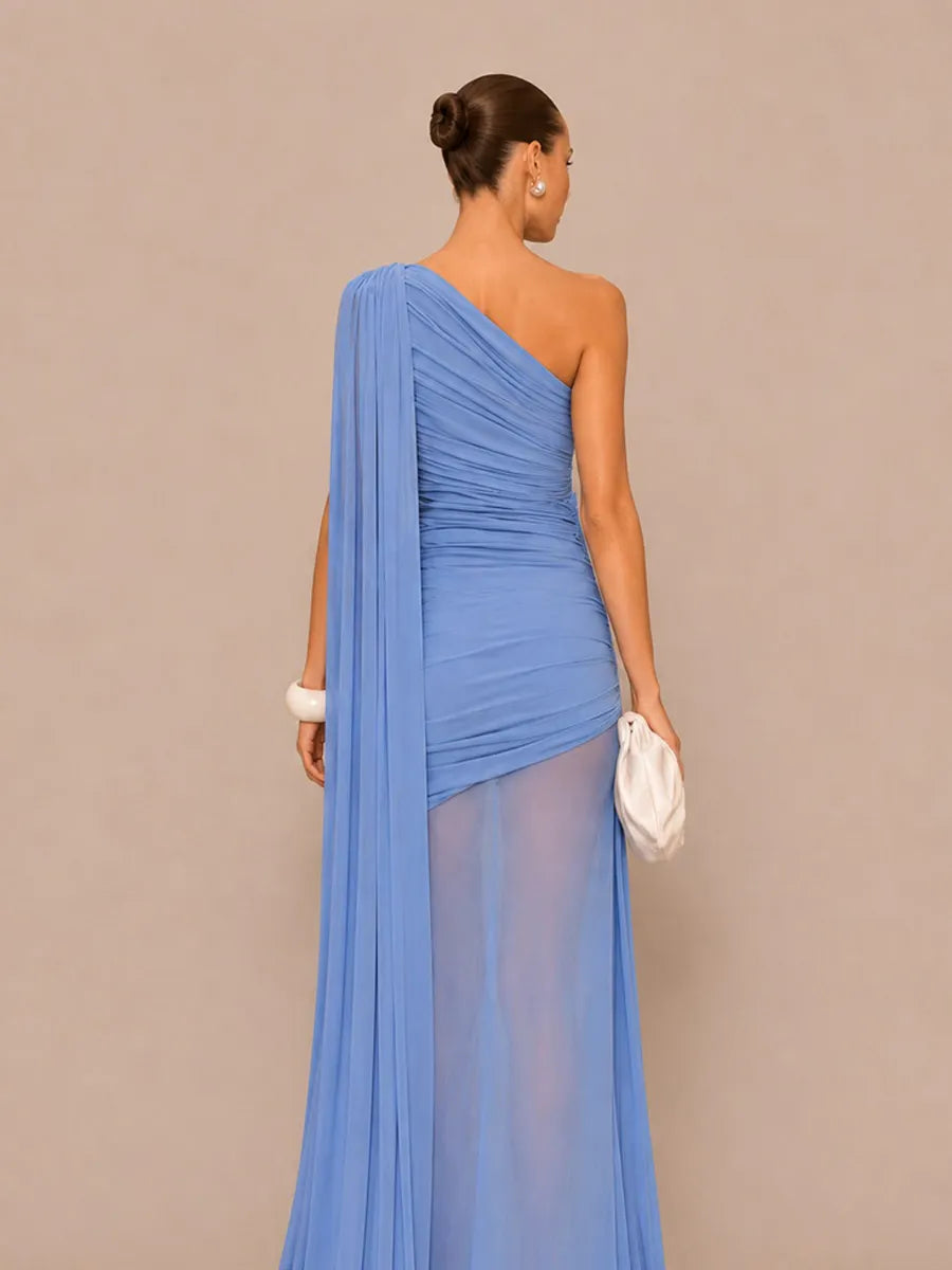 Isla One-Shoulder Cape Maxi Dress with Mesh Paneling