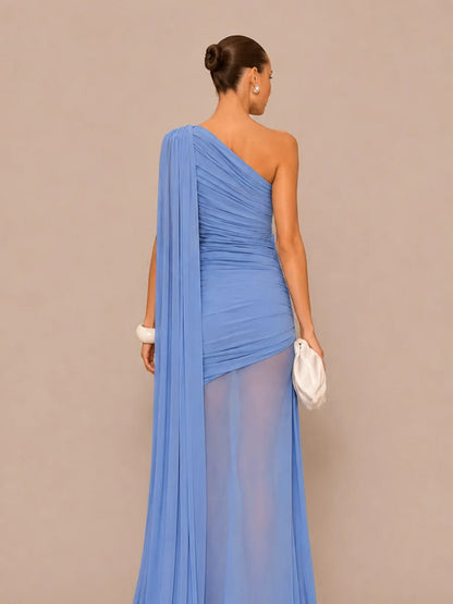Isla One-Shoulder Cape Maxi Dress with Mesh Paneling