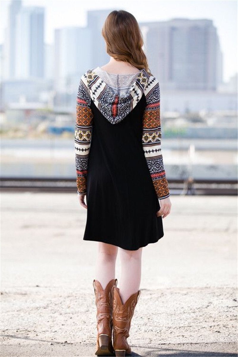 Print Elk Hooded Stitching Christmas Mini Dress
