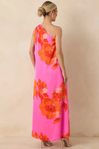 No Introduction Pink Multi Floral Print Satin One Shoulder Maxi Dress