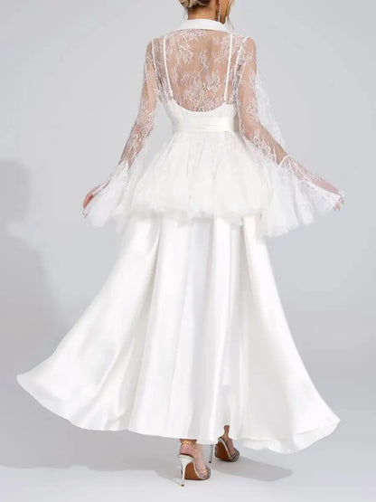 Aurora Lace Peplum Collared Satin Maxi Dress Set