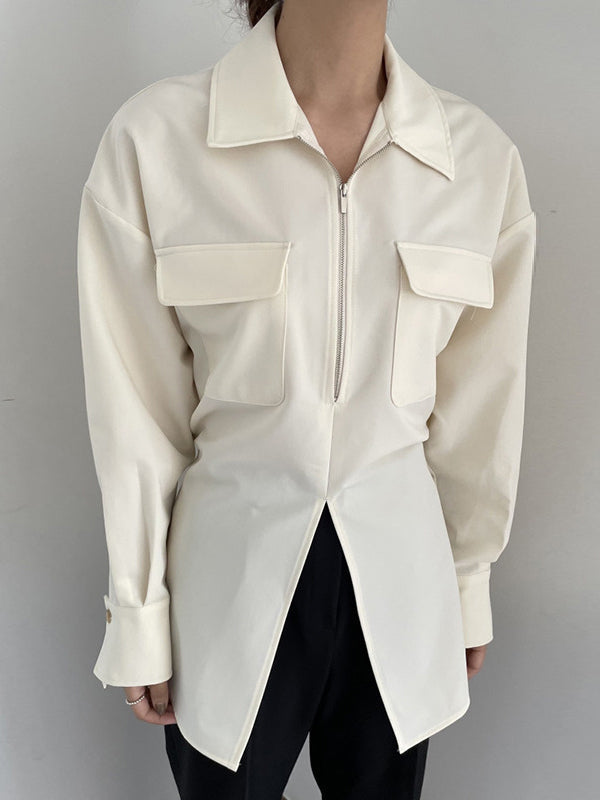 Long Sleeves Raglan Sleeve Pockets Split-Front Split-Joint Tied Zipper Lapel Blouses&Shirts Tops