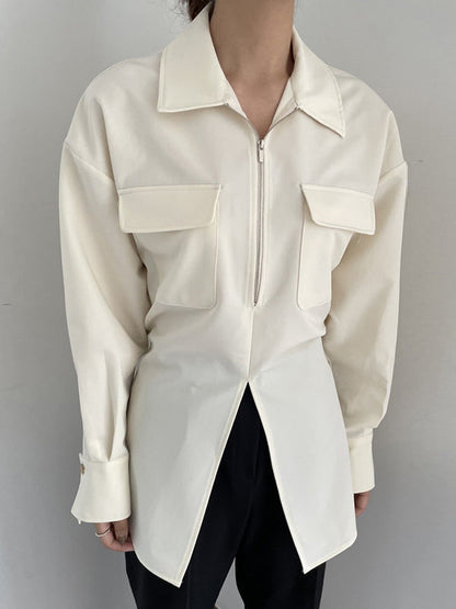 Long Sleeves Raglan Sleeve Pockets Split-Front Split-Joint Tied Zipper Lapel Blouses&Shirts Tops