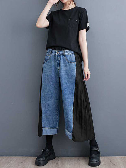 False Two High Waisted Elasticity Split-Joint Jean Pants Bottoms