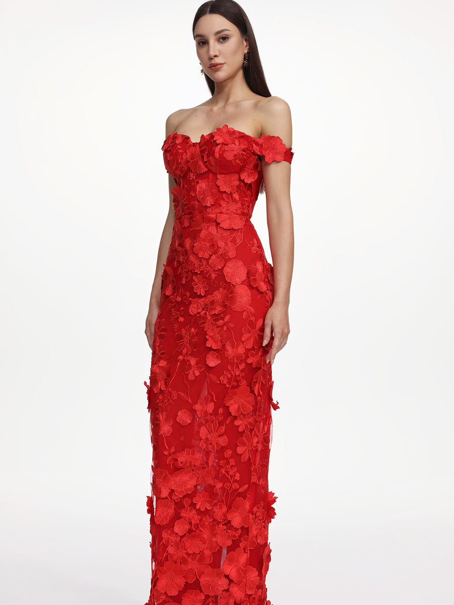 Jasmine Off Shoulder Floral Embroidered Maxi Dress