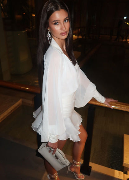 Chiffon Mini Dress With Long Sleeves And Ruffle Hem