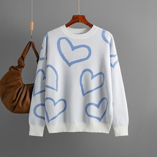 Round Neck Heart Print Contrast Sweater