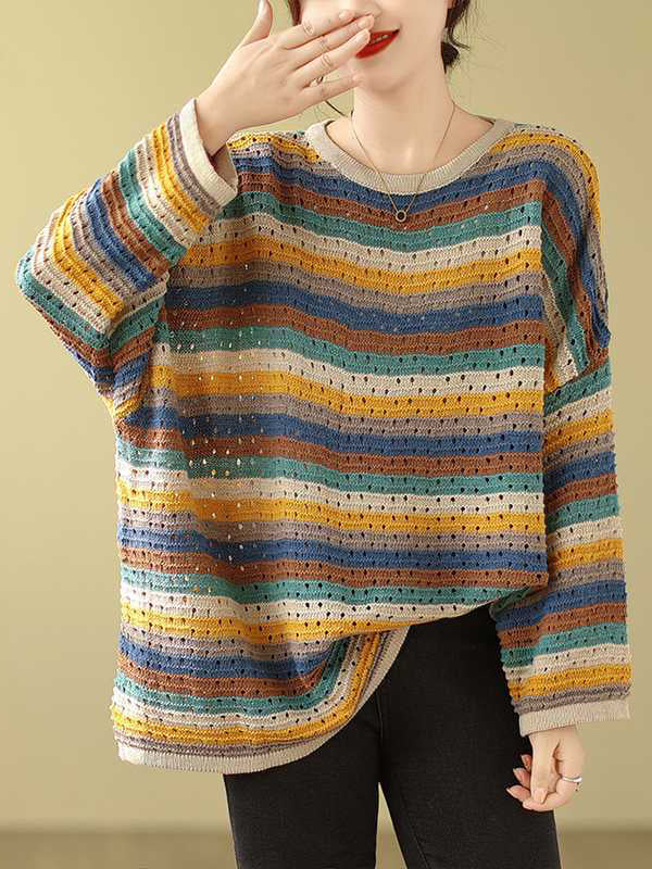 Long Sleeves Loose Contrast Color Hollow Round-Neck Pullovers Sweater Tops