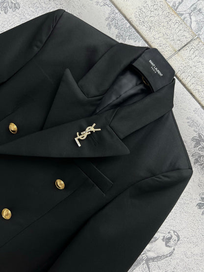 YSL 25 Double-breasted Suit Jacket Black Cotton Polyester