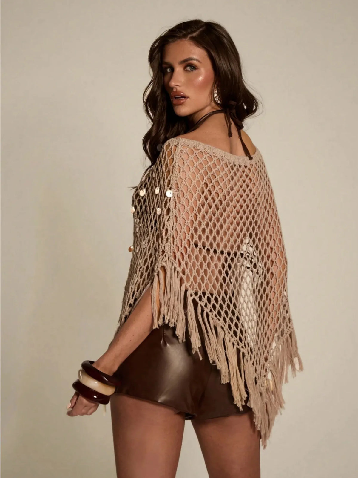 Sienna Beige Fishnet Crochet Fringe Poncho Cover Up