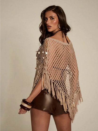 Sienna Beige Fishnet Crochet Fringe Poncho Cover Up