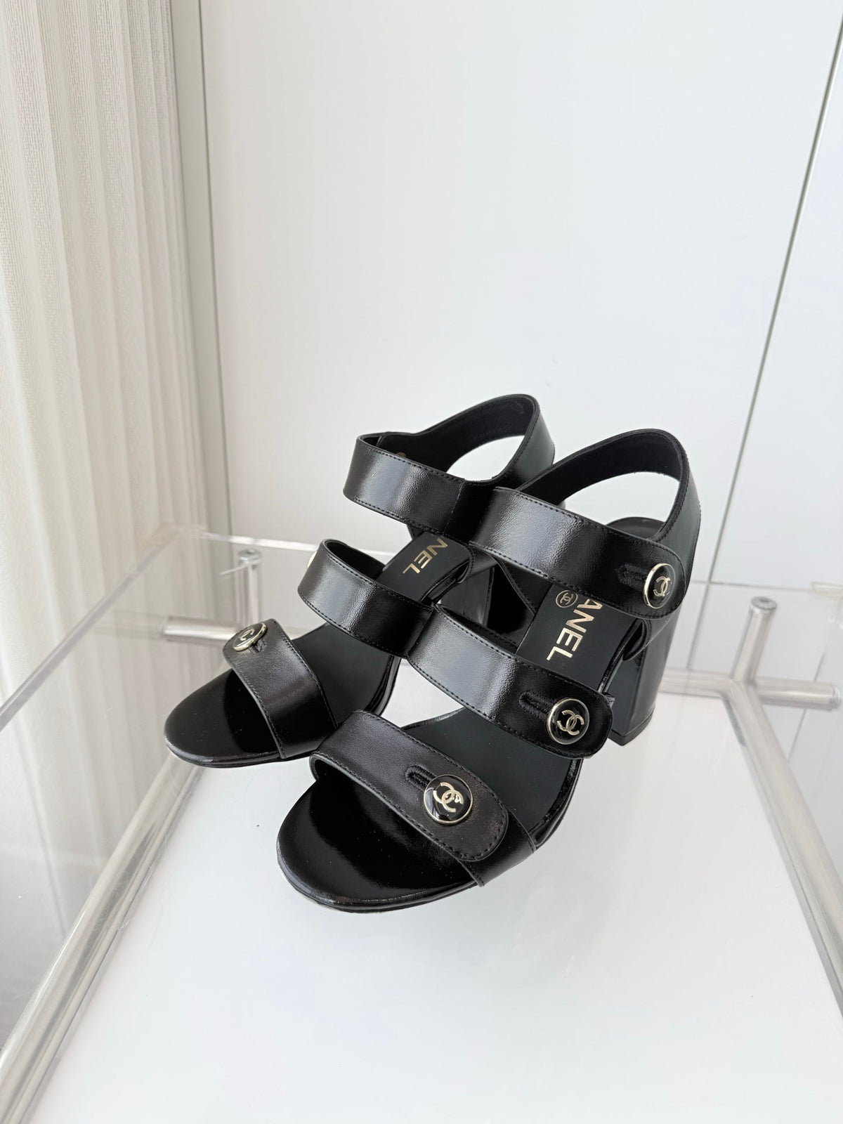Chanel 26 Turnlock 80 Black Sandal Heels in Lambskin 597407