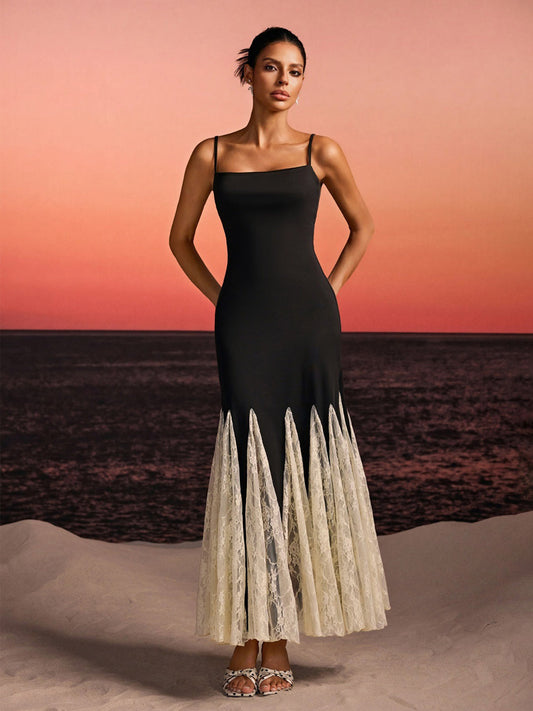 Aviana Spaghetti Lace Flared Maxi Dress