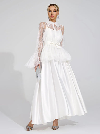 Aurora Lace Peplum Collared Satin Maxi Dress Set