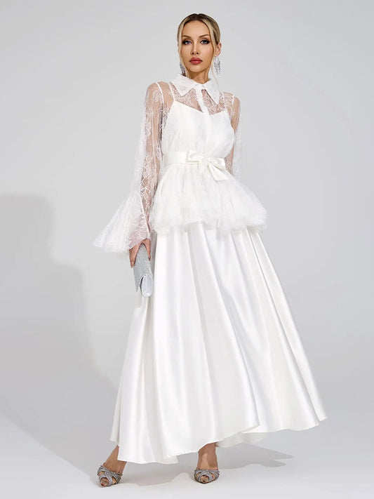 Aurora Lace Peplum Collared Satin Maxi Dress Set