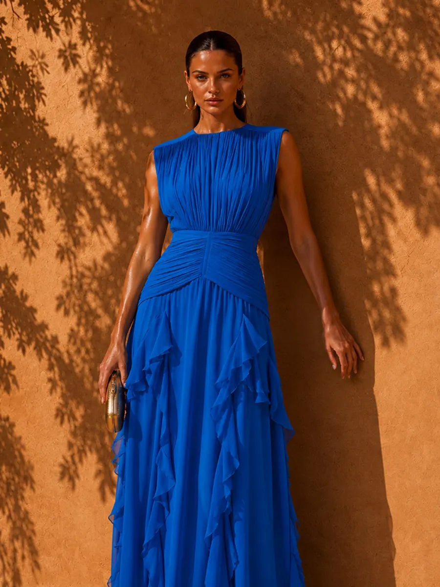 Aria Printed Chiffon Round-Neck Sleeveless Maxi Dress
