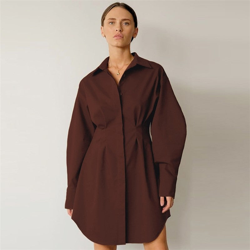 Solid Color Waist Long Sleeve Slim Fit Dress