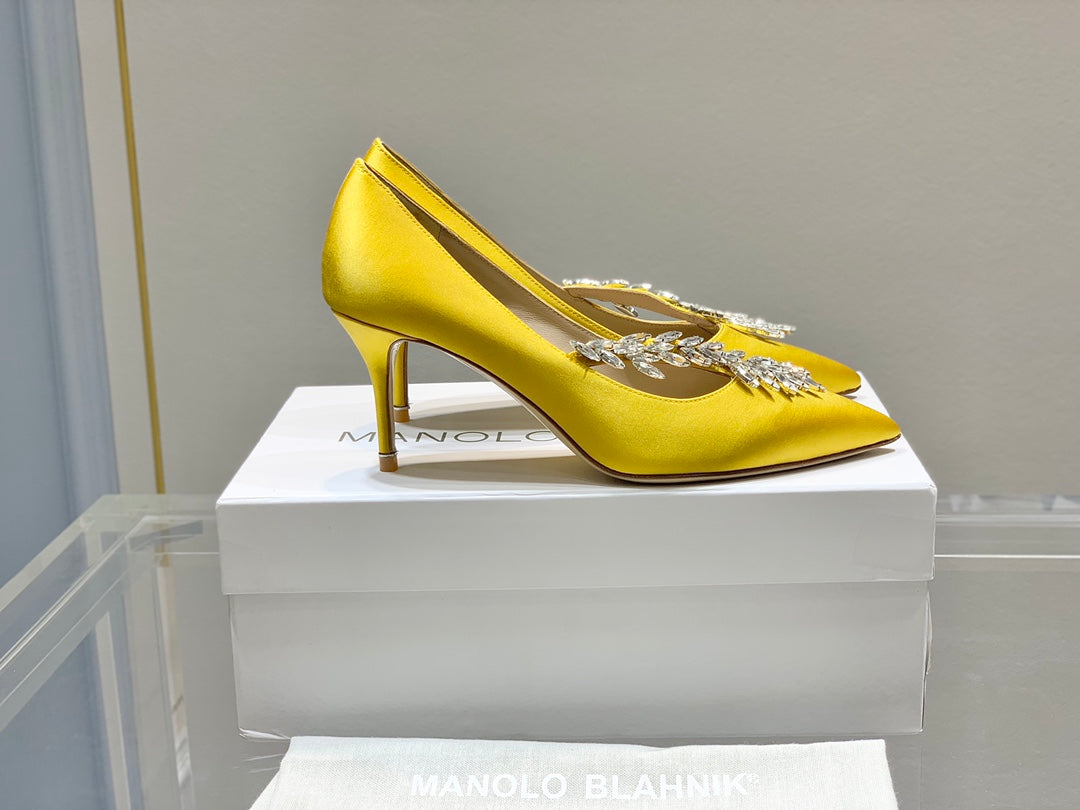 Manolo Women's Nadira Pumps 70 Yellow Satin
