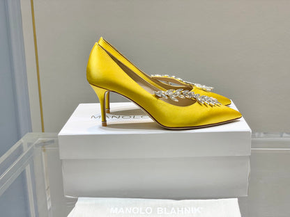 Manolo Women's Nadira Pumps 70 Yellow Satin