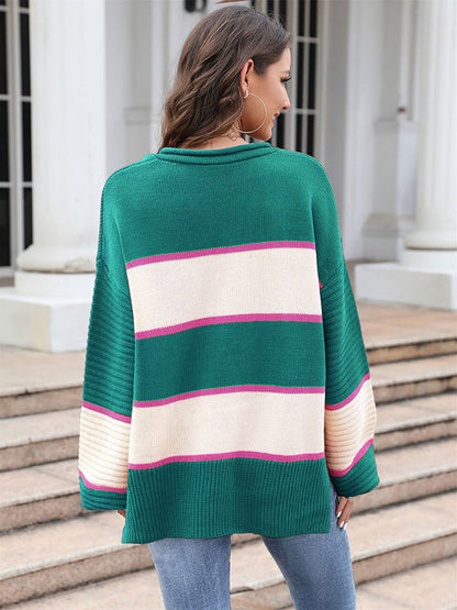Casual Long Sleeves Loose Striped V-Neck Sweater Tops