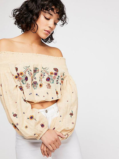 Embroidered Puff-Sleeves Blouses&Shirts Top