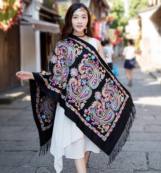 Tibetan And Nepal Embroidered Flower Imitation Cashmere Scarf For Women Outside With Sunscreen Air-Conditioning Shawl