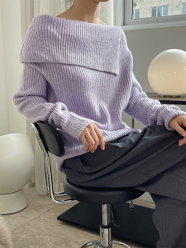 Casual Loose Long Sleeves Solid Color Lapel Sweater Tops
