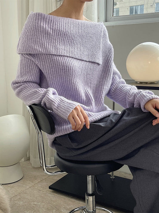 Casual Loose Long Sleeves Solid Color Lapel Sweater Tops