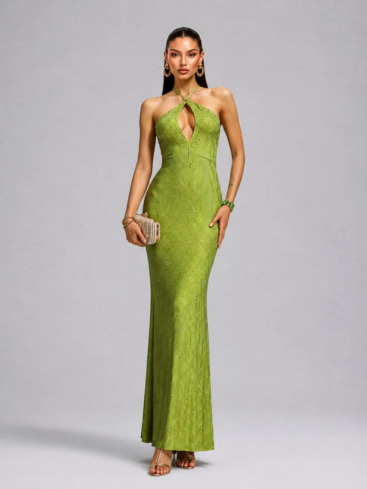 Selah Twist Halter Cut Out Full Sequin Fluorescent Maxi Dress
