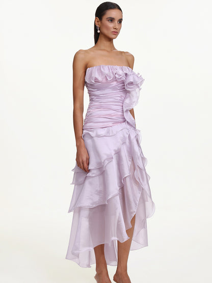 Ivy Flowy Strapless Asymmetric Ruffle High Slit Maxi Dress