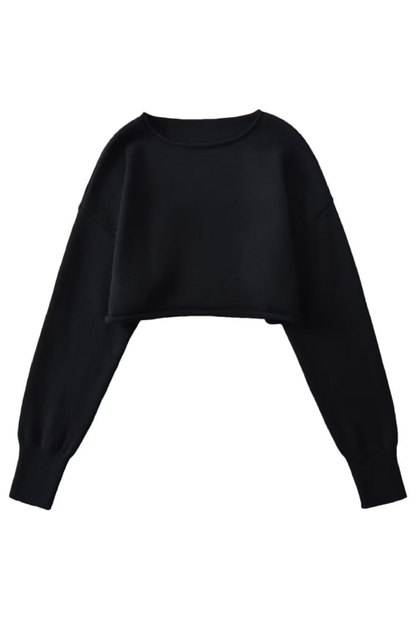 Round Neck Solid Color Loose Casual Long Sleeve Super Short Knitted Sweater
