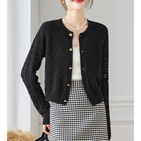 Elegant Hollow Knit Sweater Coat