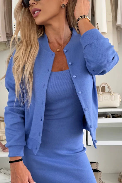 Comfort and Femininity Knit Ribbed Button Up Long Sleeve Bomber Jacket