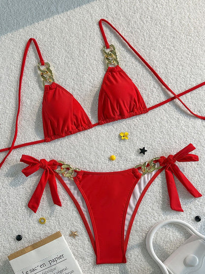 Leandra Metal-Embellished Ruched Bikini