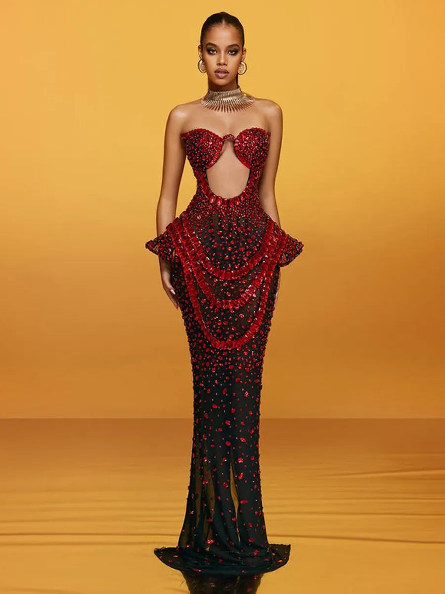 Mireia Strapless Cutout Crystal Maxi Dress