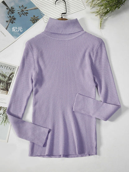 Casual Long Sleeves Skinny Solid Color High-Neck Sweater Tops