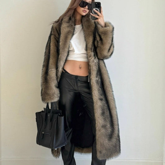 Long Fox Fur Collar Faux Fur Coat Women Fashion