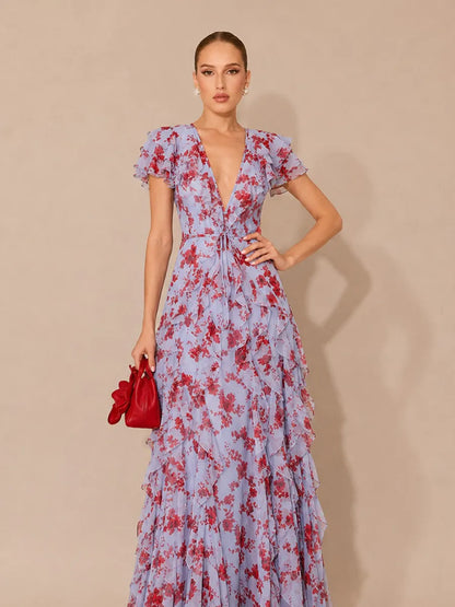 Lilith V-Neck Printed Chiffon Maxi Dress with Ruffle Detail