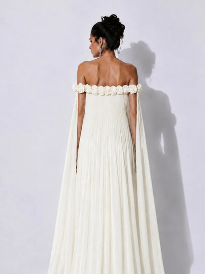 Grace 3D Floral Pleated Off-Shoulder Maxi Dress