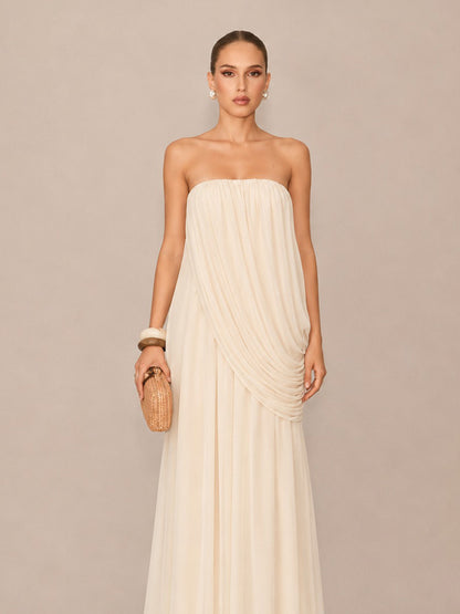 Leandra Ruched Tulle Strapless Maxi Dress