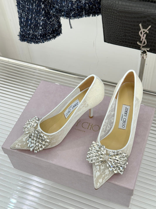 JC25WF Rhinestone Bow Pionted Toe High Heels 85 White Sheepskin 573539