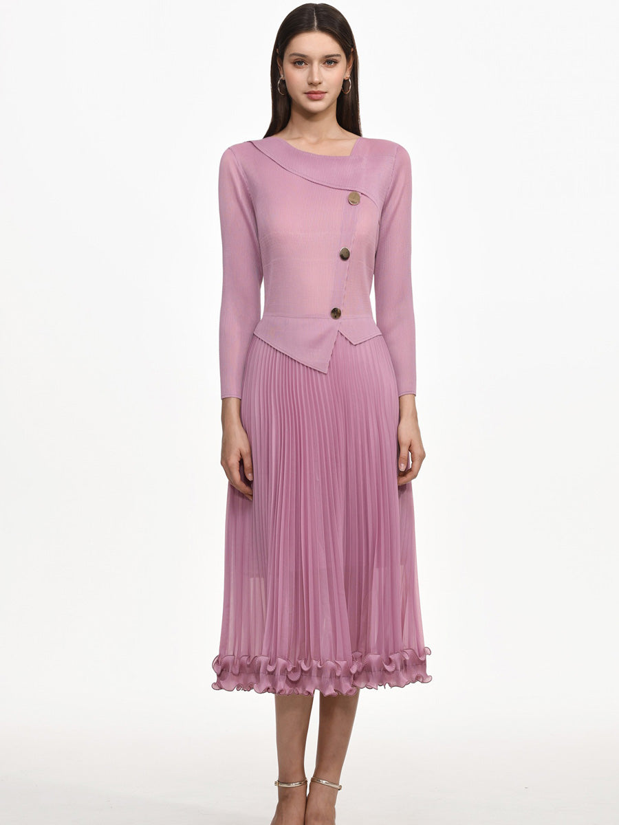 Imelda Flowy Long Sleeve Ruffle Pleated Knit Maxi Dress