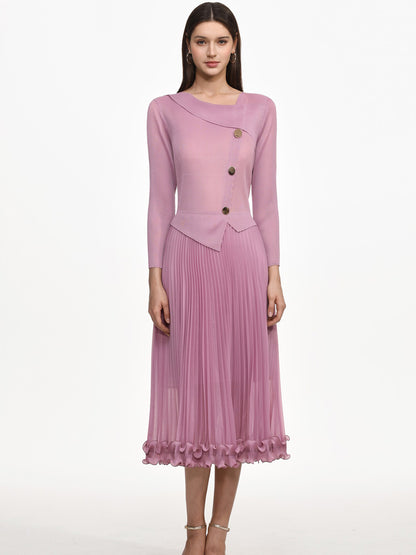 Imelda Flowy Long Sleeve Ruffle Pleated Knit Maxi Dress