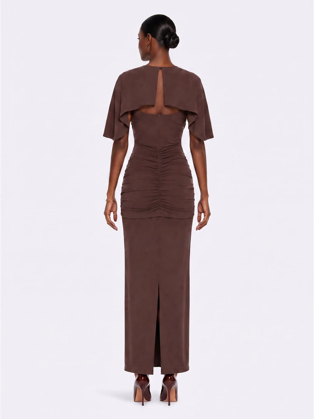 Audrey Draped Cape Ruched Maxi Dress
