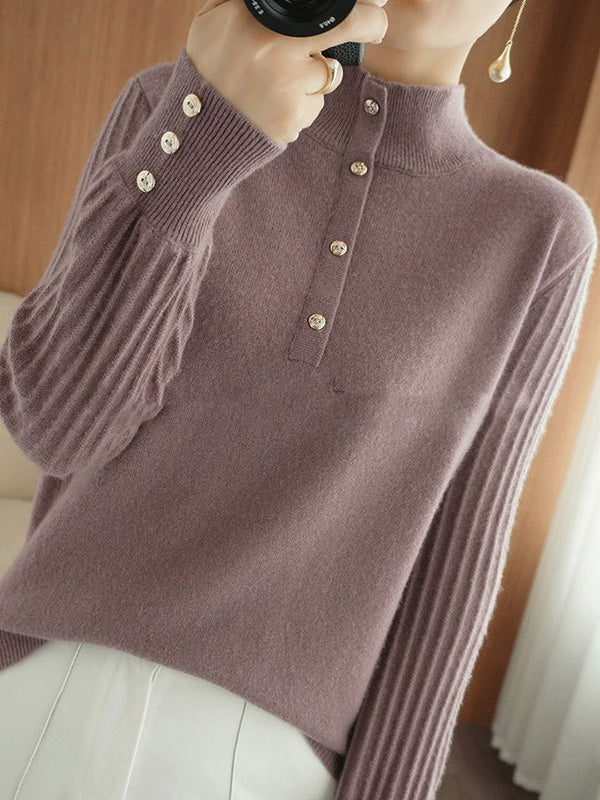 Casual Puff Sleeves Long Sleeves Solid Color Half Turtleneck Sweater Tops